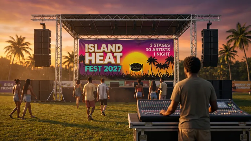 A wide printed festival banner across the top of an outdoor stage at golden hour