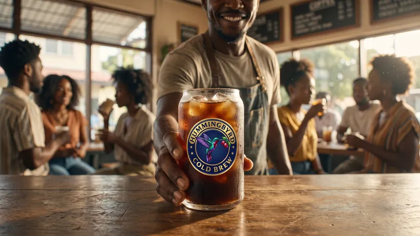 A server presenting an iced drink in a glass printed with a round coffee-brand emblem