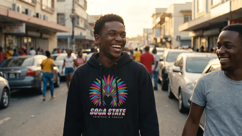 A smiling young man on a busy street in a black hoodie with a large colourful chest print