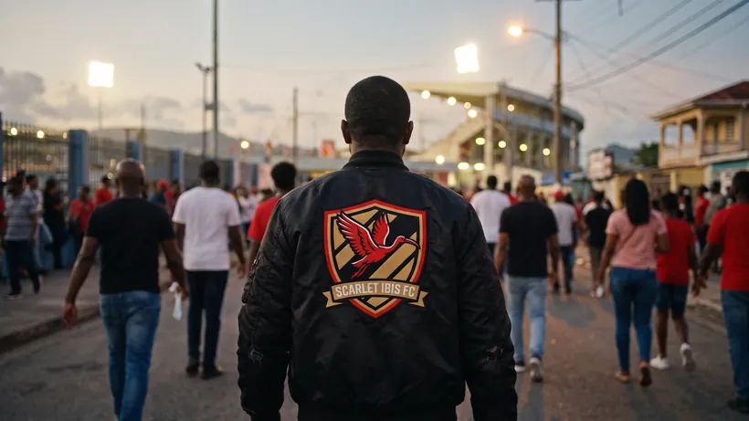 A man walking down a busy street at dusk in a black jacket with a large embroidered crest on the back