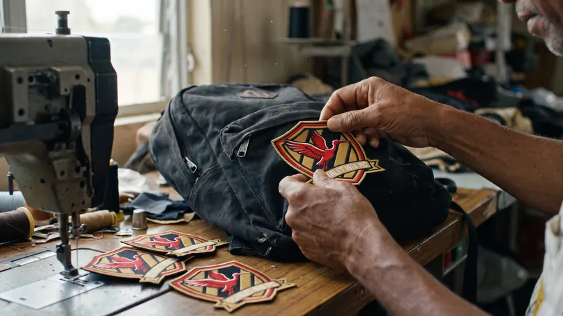 Hands pressing embroidered crest patches onto a black backpack
