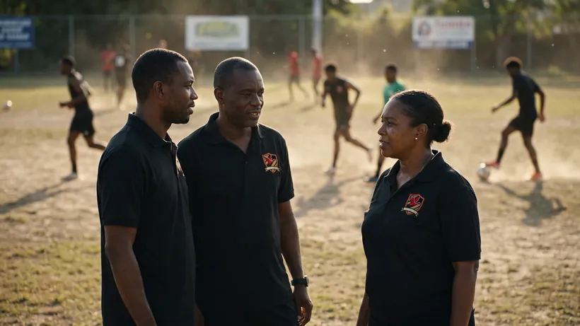 Three coaches by a football field in black polos with a small embroidered crest