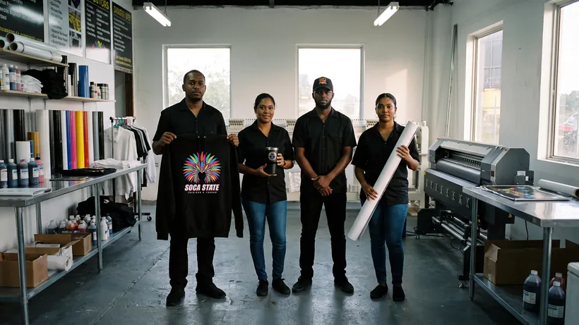 A print shop crew in black polos holding up a printed tee, a cap, a tumbler and a rolled banner in front of the wide-format printer