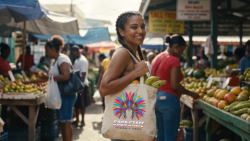 A woman at a fruit market carrying a canvas tote with a colourful print