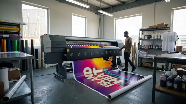 The wide eco-solvent printer pushing out a full-colour festival banner across the shop floor