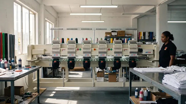 The six-head embroidery machine stitching crests onto six caps at once