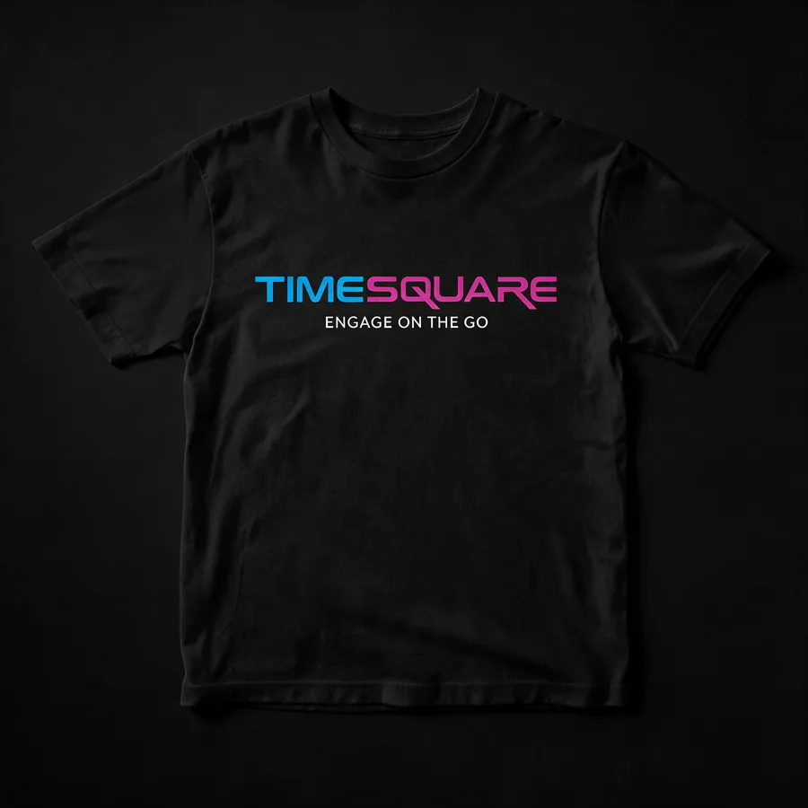 Black cotton t-shirt printed with the Timesquare logo across the chest