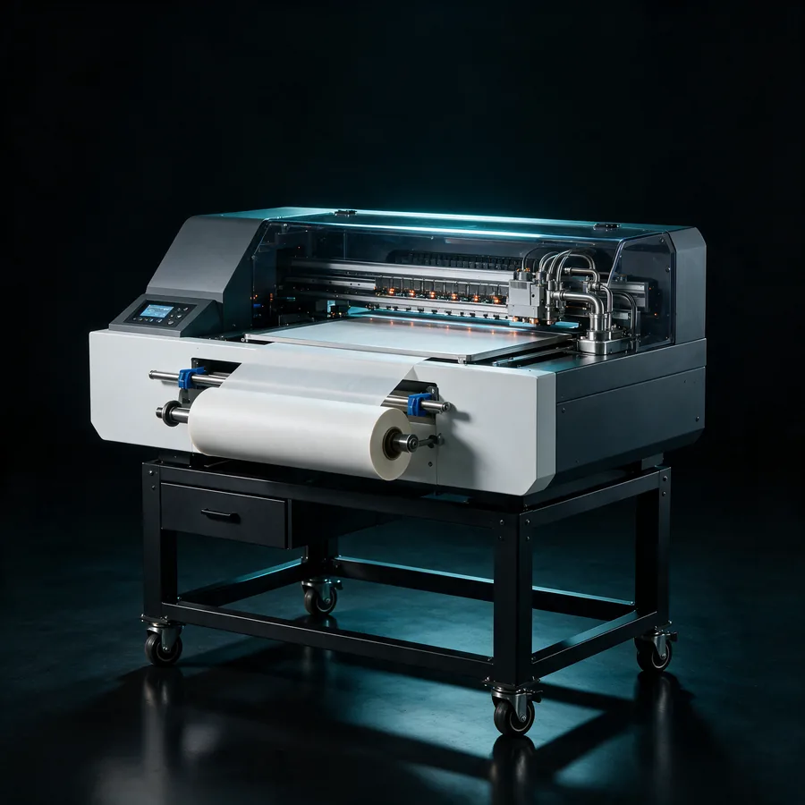 UV DTF transfer printer on a steel stand with film roll